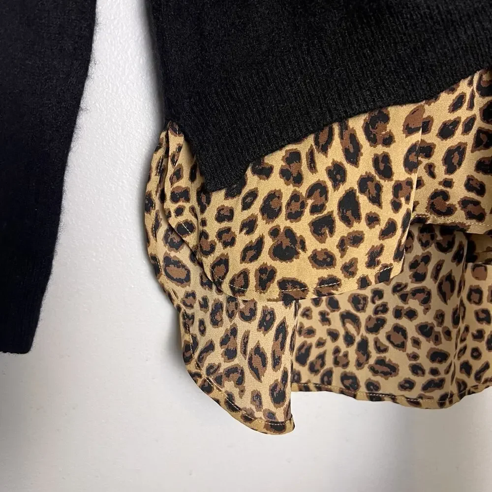 Charter Club Women's 100% Cashmere Leopard Print Trimmed Sweater Sz M Black - Picture 2 of 11